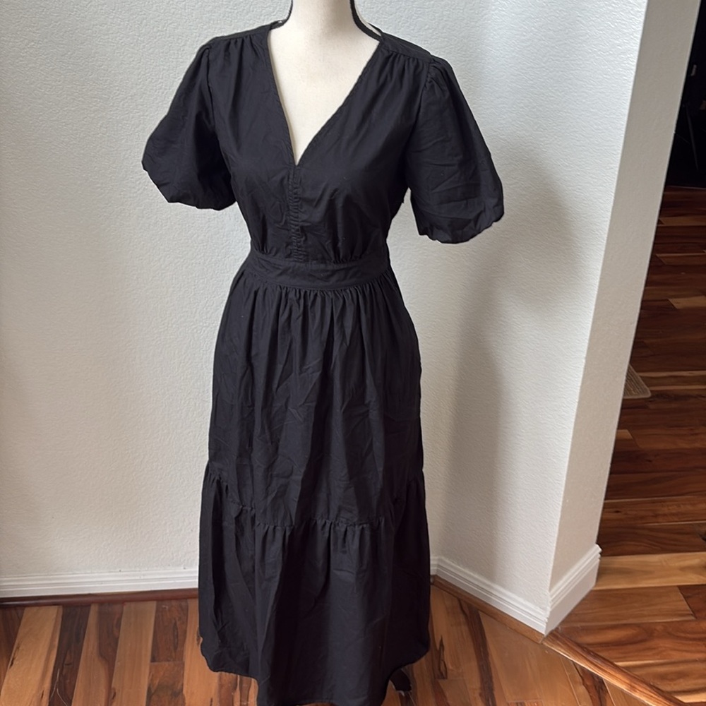 French Connection Bubble Sleeve Poplin Tiered Smocked Waist Dress Black Medium - Picture 5 of 13